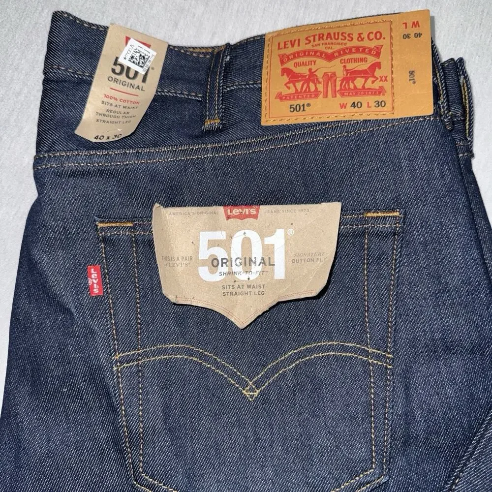 NEW Levi's 501 Original Shrink to Fit Jeans Blue Button Fly Straight Mens 40x30